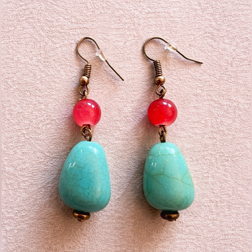 Turquoise & Coral Beaded Dangle Earrings Boho Drop Statement